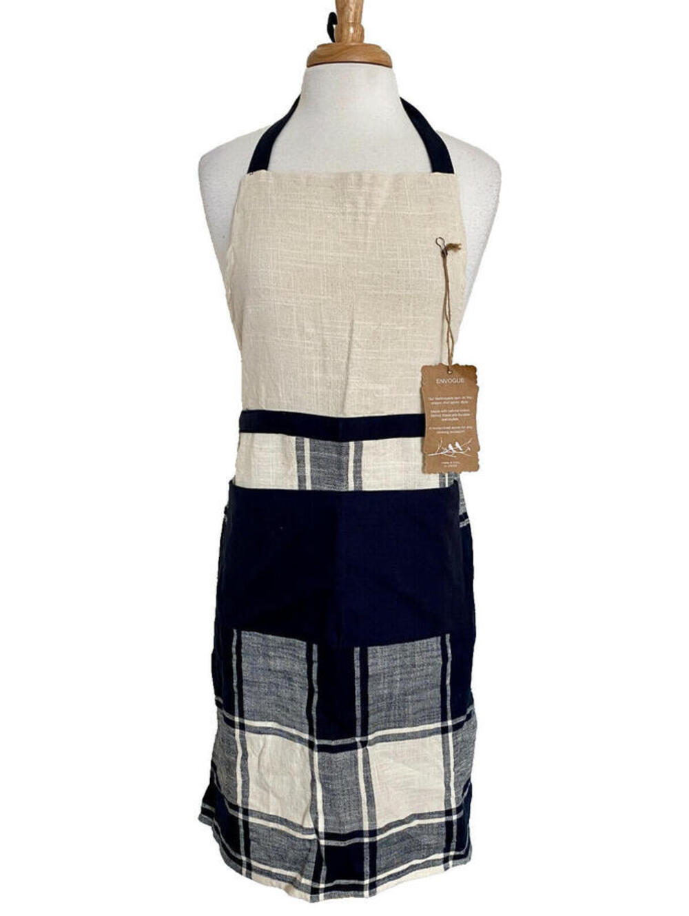 NWT Envogue Natural Blue Plaid Print Full Chef Apron 100% Cotton India OS